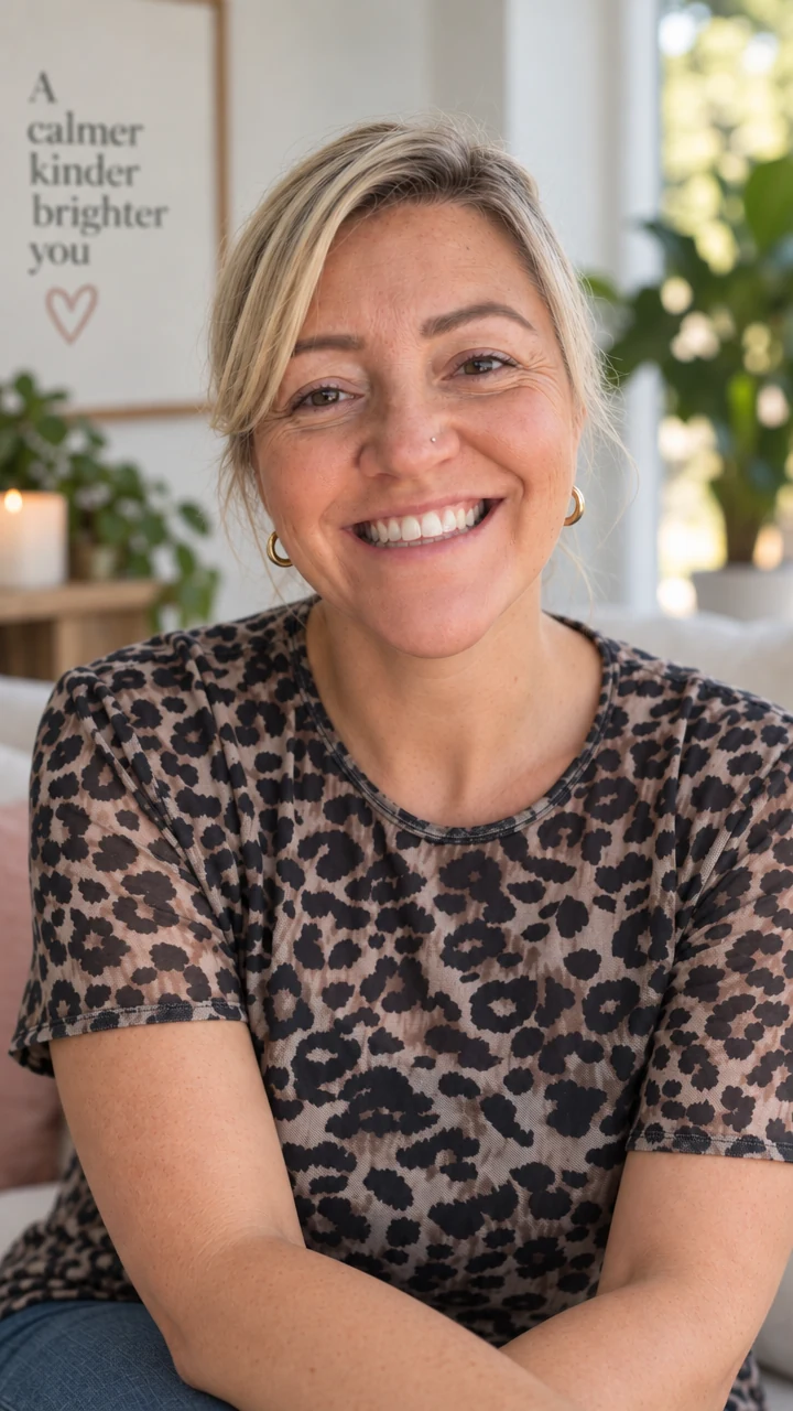 Alys smiling warmly, seated at home with plants and a candle behind her