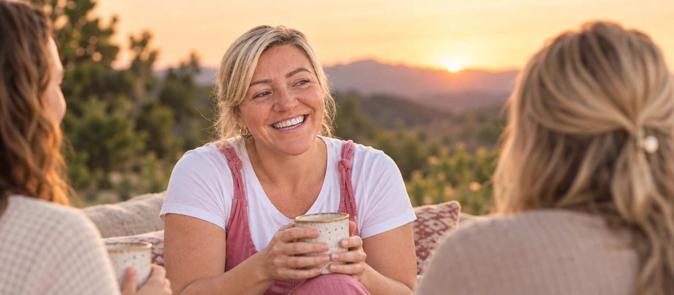 Alys laughing with women in a Connected Collective circle at sunset